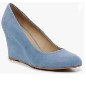 FOWT Blue Wedge Pumps Basic Almond Toe Thick High Heels Slip On Faux Suede Shoes